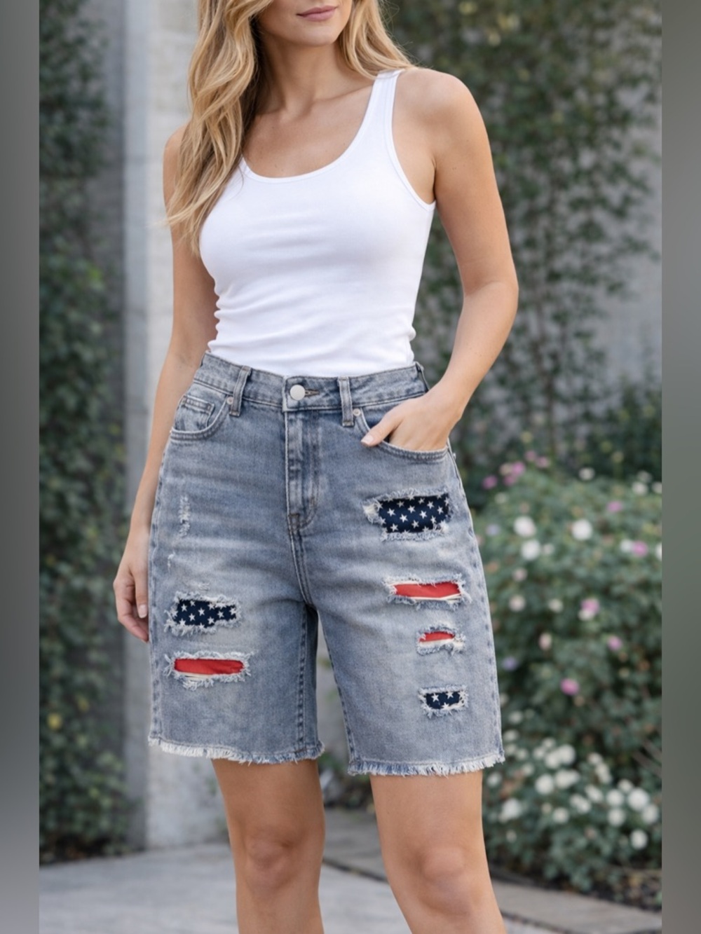 Flamingals Distressed Patch Denim Bermuda Shorts Red, White and Blue